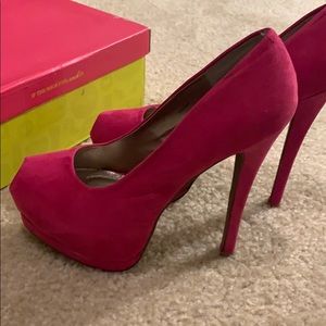 Fuschia Platform Peep Toe Pumps